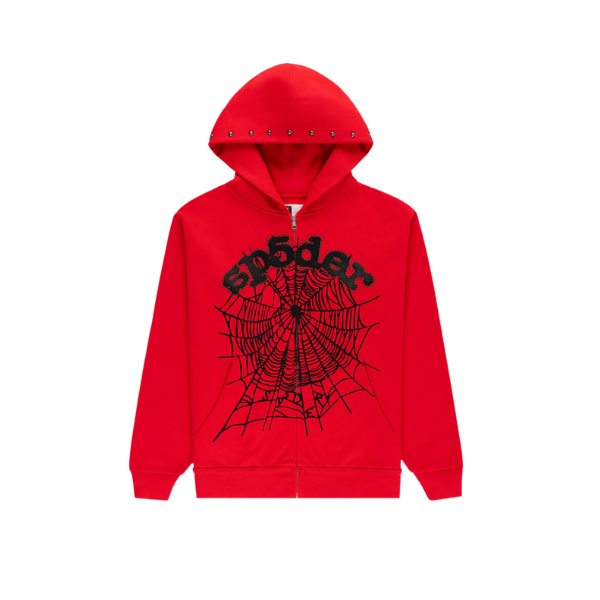 Sp5der Worldwide Red OG Web Studded Zip Up Hoodie
